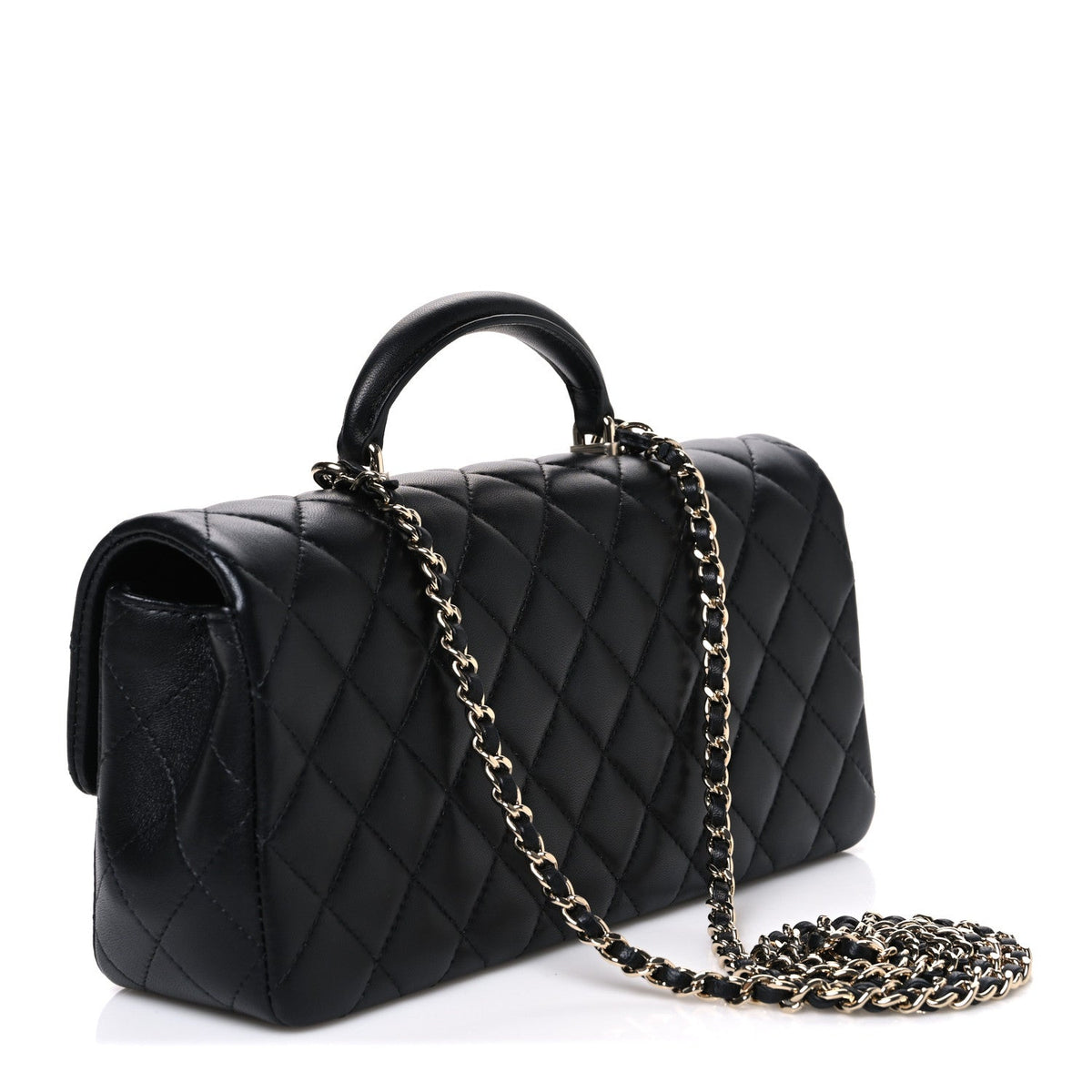 Lambskin Quilted Top Handle East West Flap Black