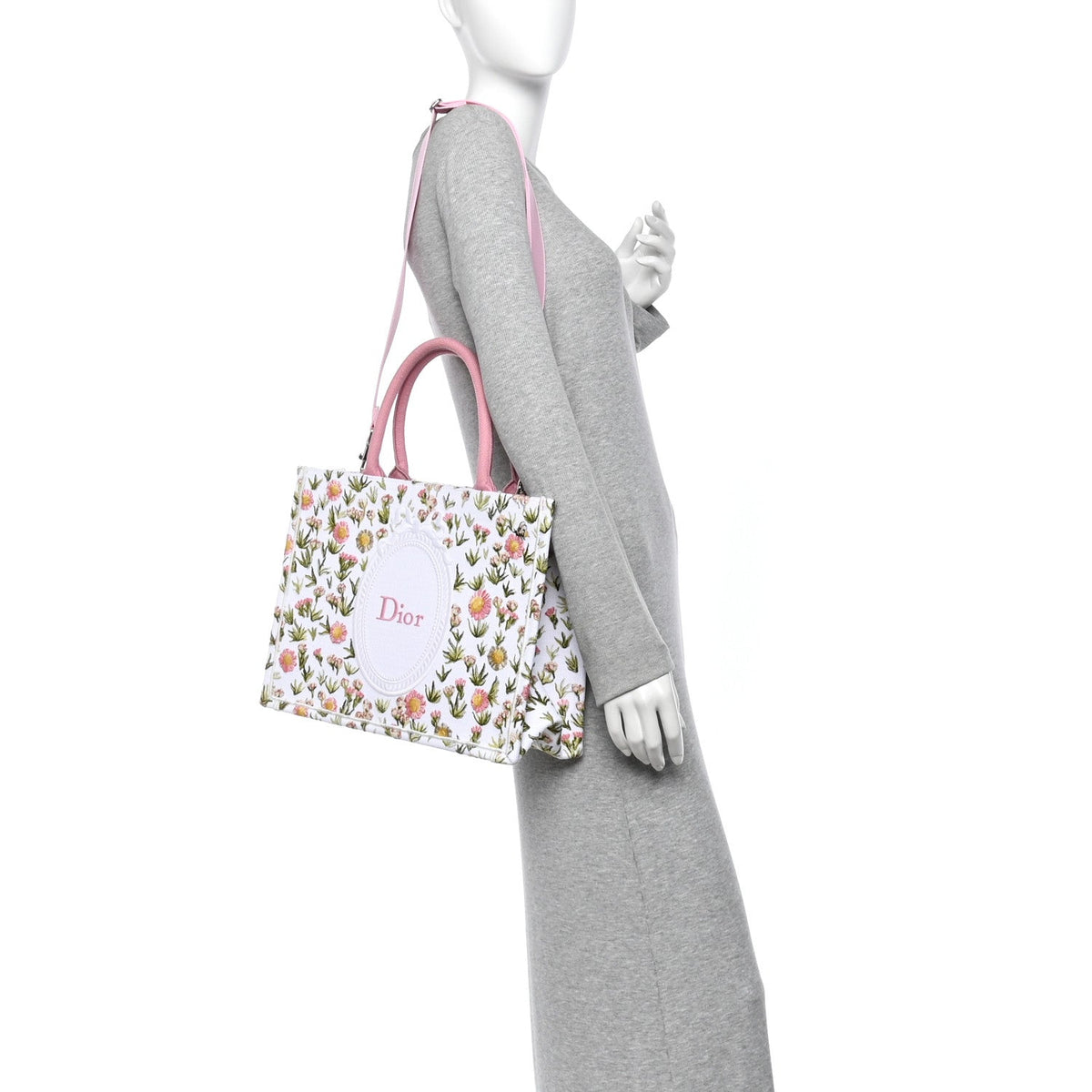Cotton Toile De Jouy Daisy Garden Embroidered Dior Medaillon Small Book Tote With Strap Pink Multicolor
