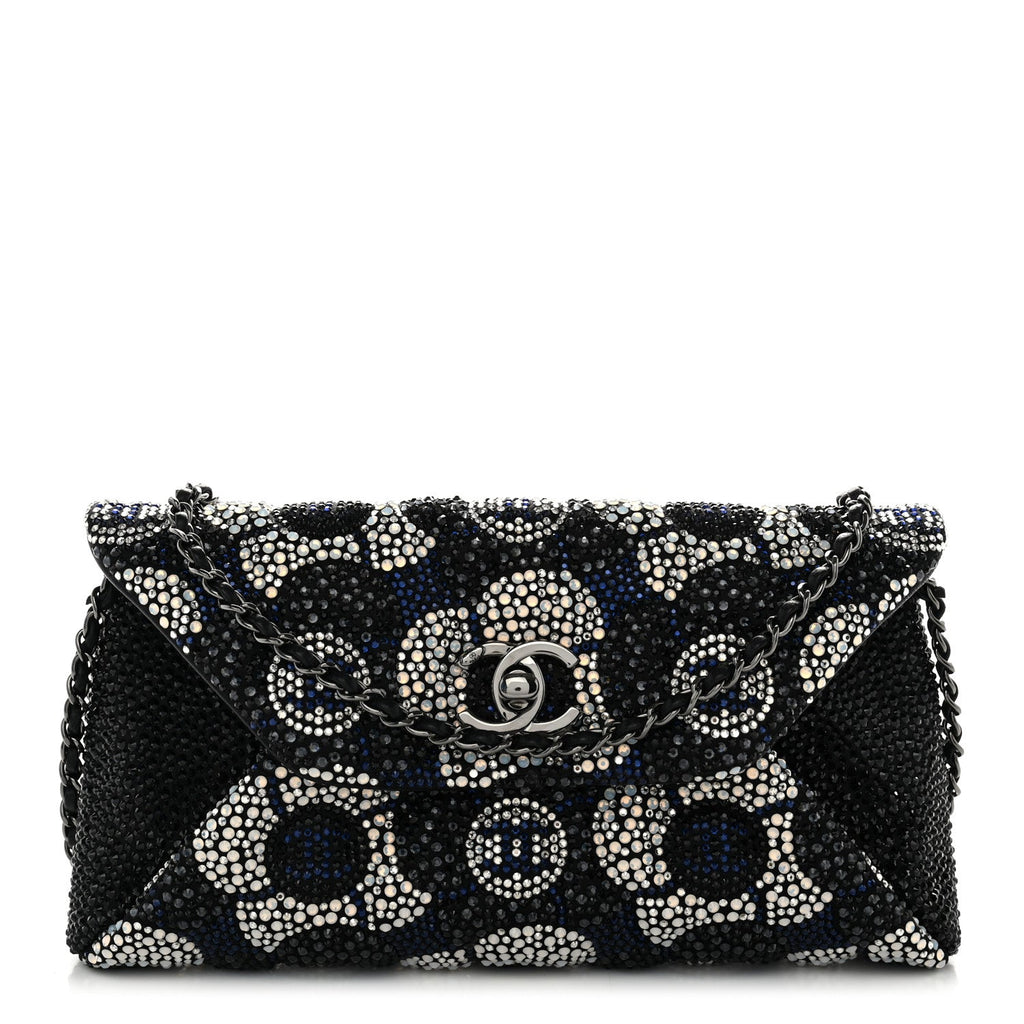 Satin Strass Flower Clutch With Chain Black White Blue