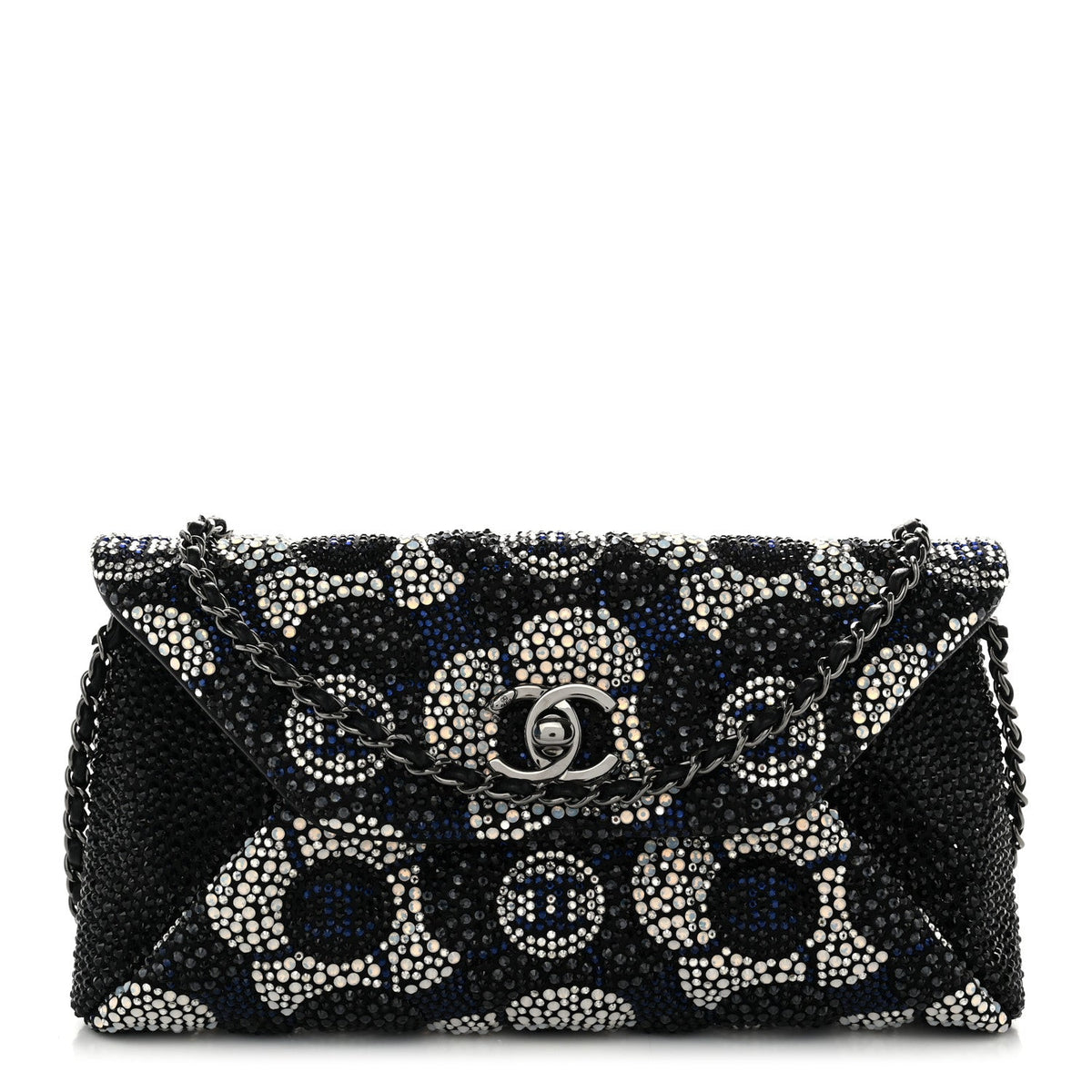 Satin Strass Flower Clutch With Chain Black White Blue