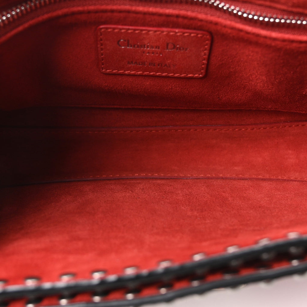 Calfskin Embossed Cannage Studded J'Adior Chain Flap Bag Red