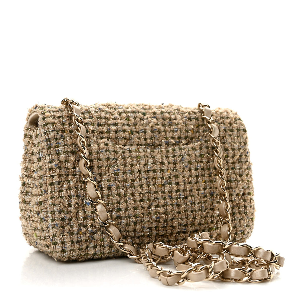 Tweed Quilted Mini Rectangular Flap Beige