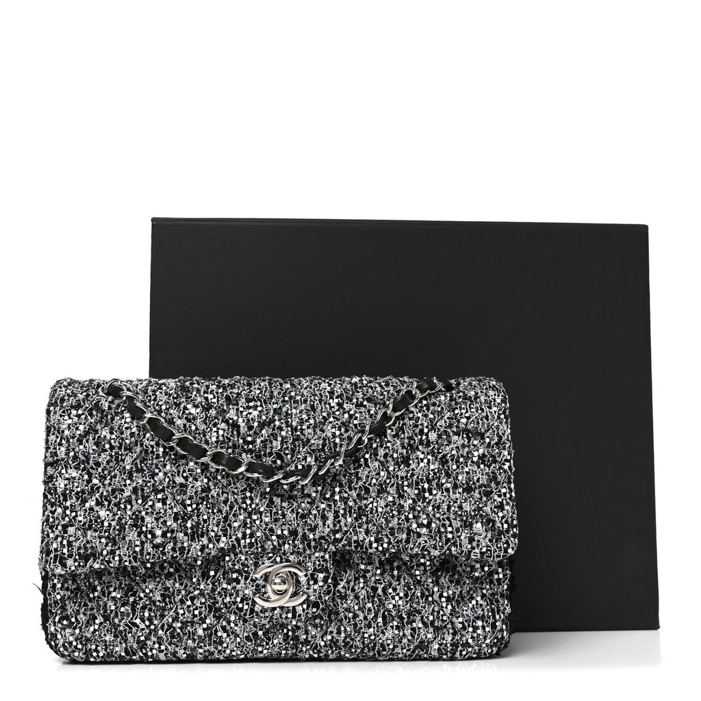 Tweed Sequin Patchwork Medium Double Flap Black White