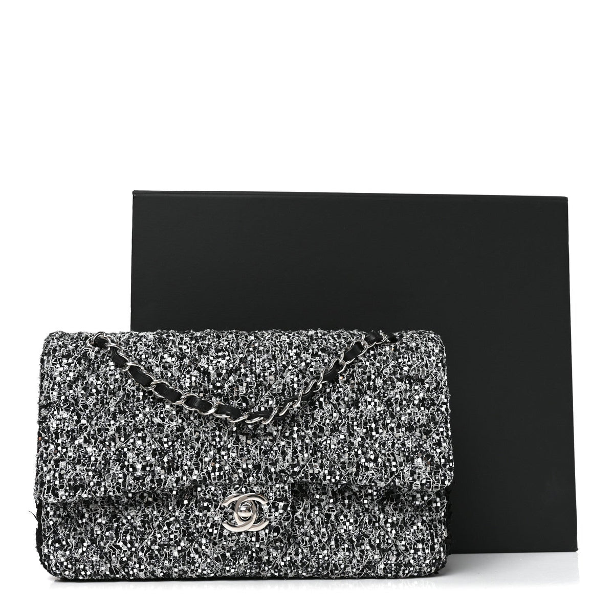 Tweed Sequin Patchwork Medium Double Flap Black White
