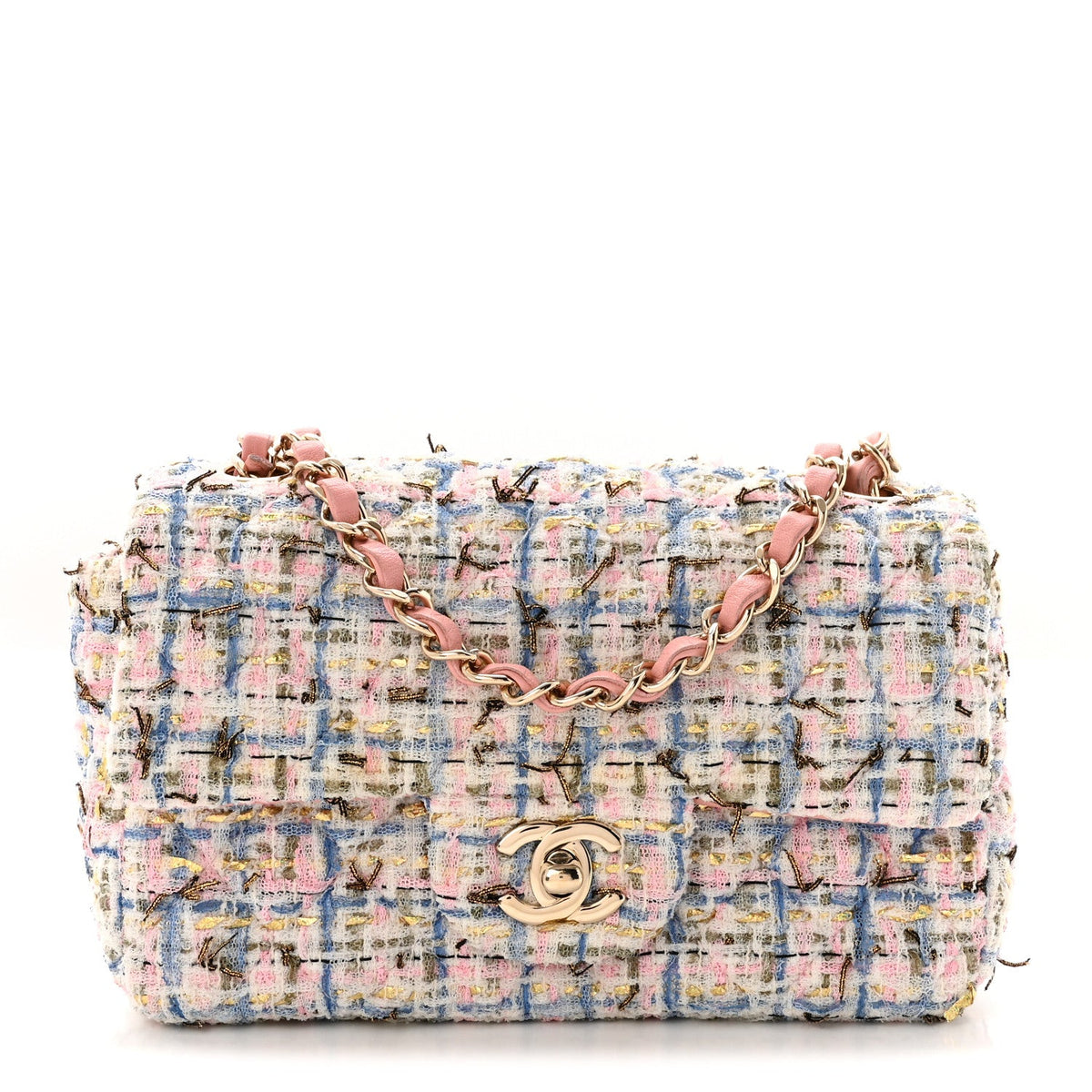 Tweed Quilted Mini Rectangular Flap Light Blue Pink Gold White