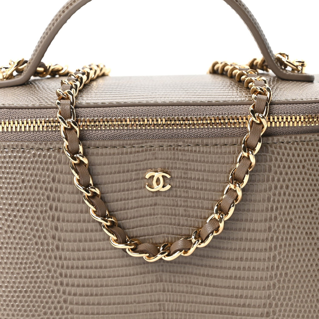 Calfskin Lizard Embossed Top Handle Vanity With Chain Dark Khaki