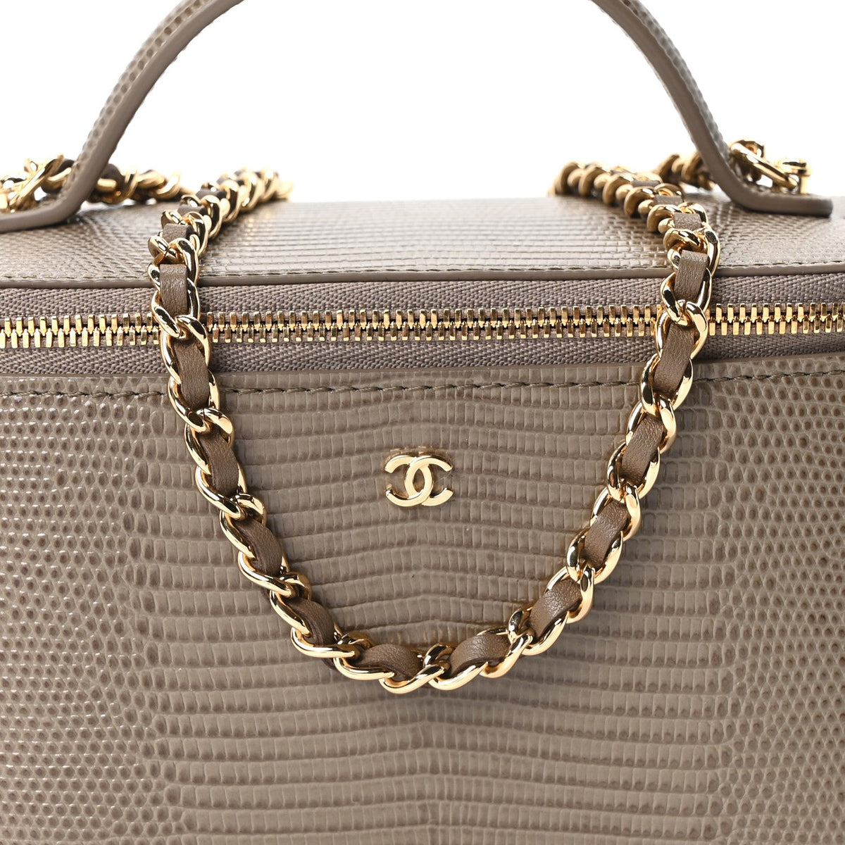 Calfskin Lizard Embossed Top Handle Vanity With Chain Dark Khaki