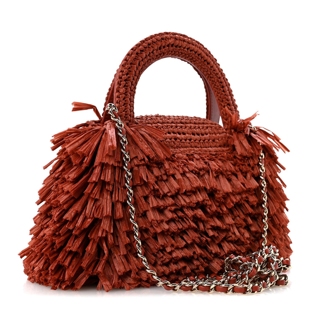 Raffia Fringe Nano Kelly Shopper Red