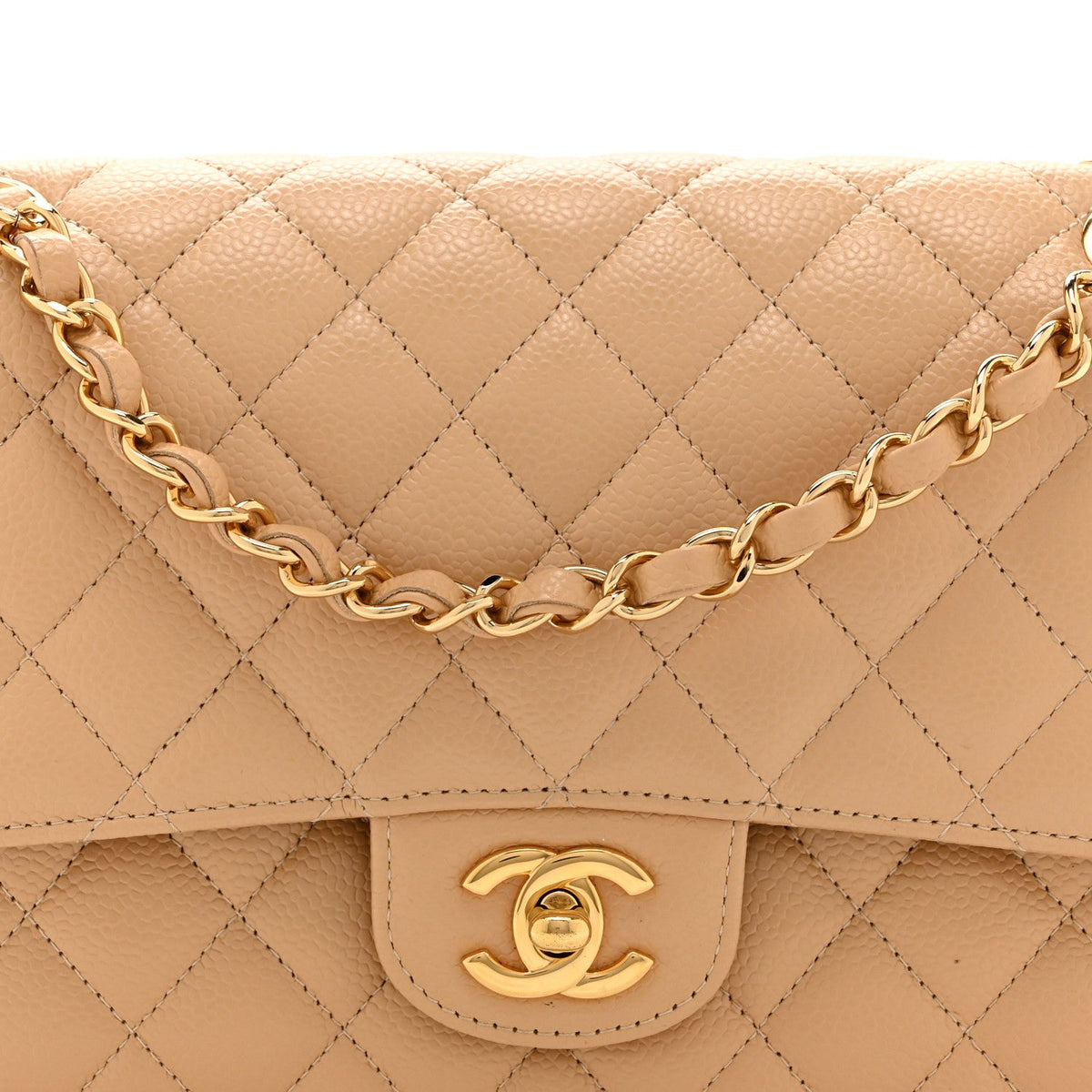 Caviar Quilted Medium Double Flap Beige