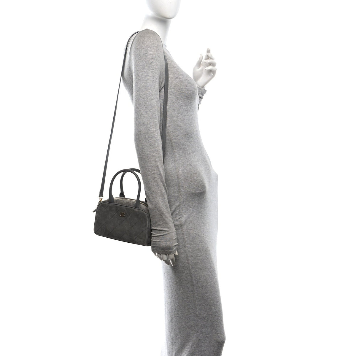 Suede Calfskin Small Perfect Bowling Bag Grey