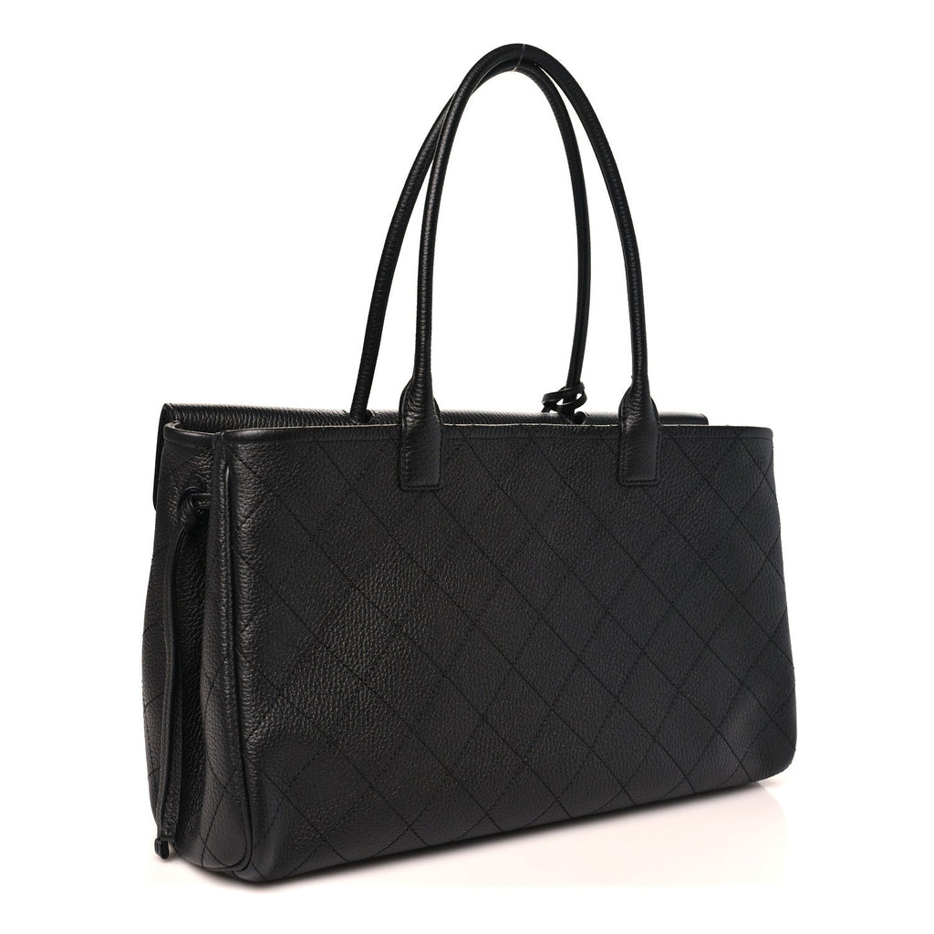 Grained Calfskin Stitched Urban Essentials Shopping Bag Black