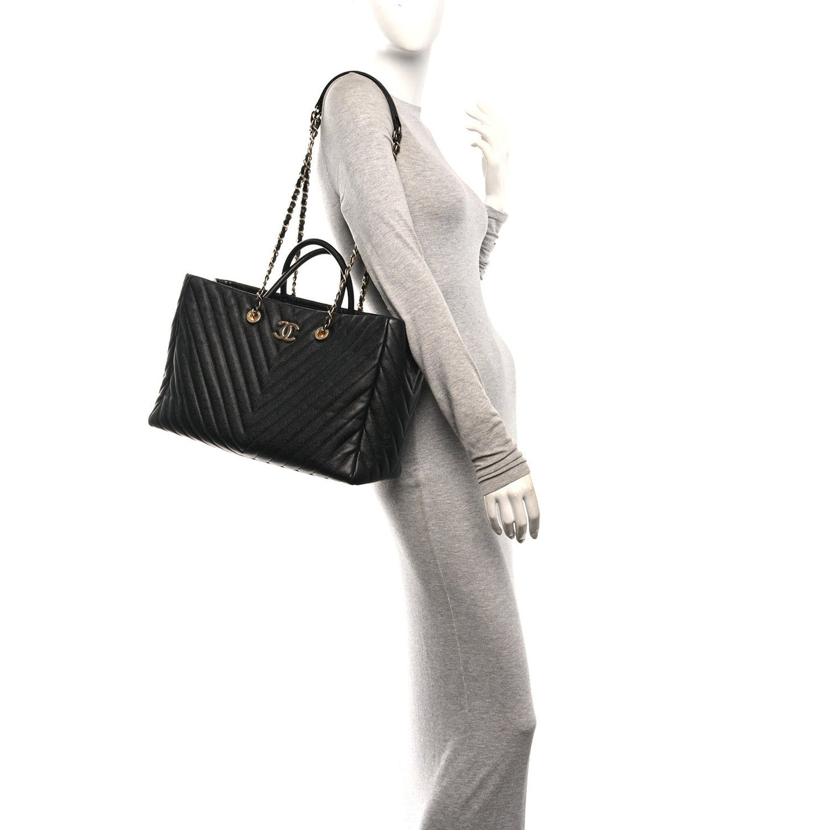 Caviar Chevron Quilted Coco Handle Shopping Tote Black