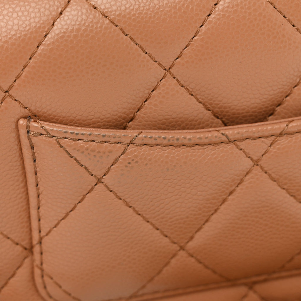 Shiny Caviar Quilted Mini Top Handle Flap Bag Camel