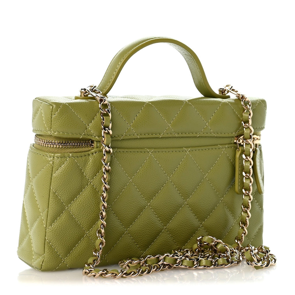 Caviar Quilted Top Handle Slim Vanity With Chain Khaki