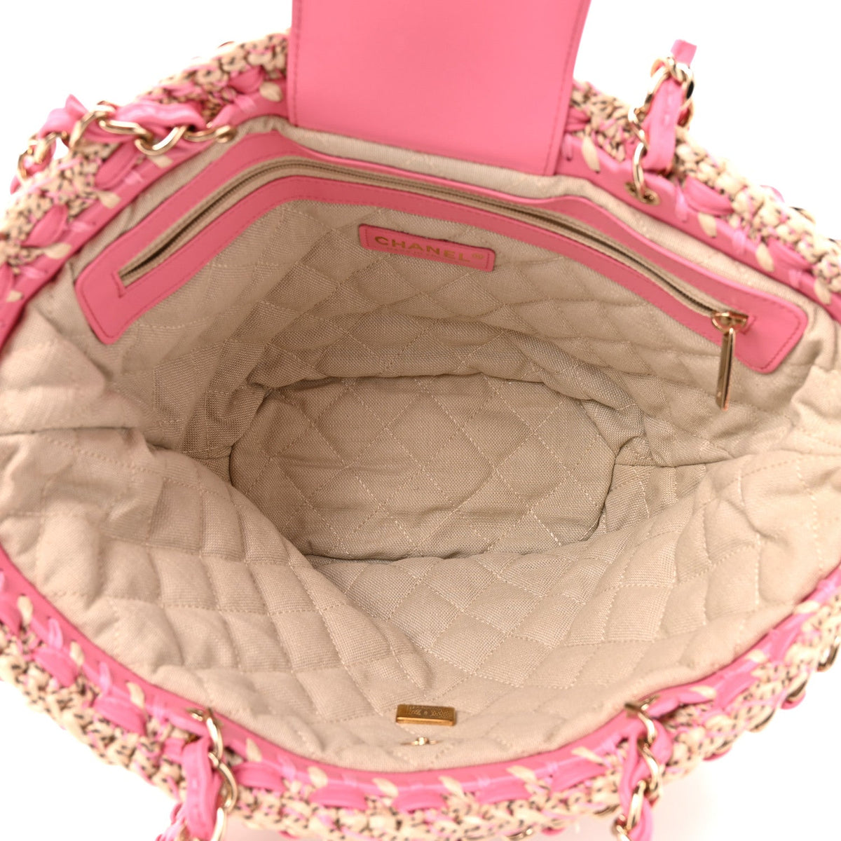 Mixed Fibers Calfskin Crochet Small Shopping Bag Beige Pink
