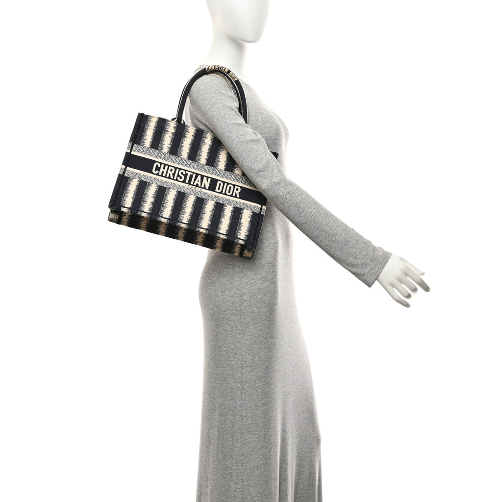 Canvas Embroidered Medium Striped Book Tote Navy