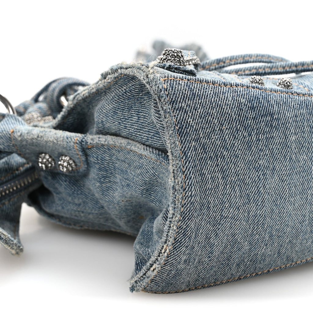 Washed Frayed Denim Crystal Neo Cagole Handbag XS Blue