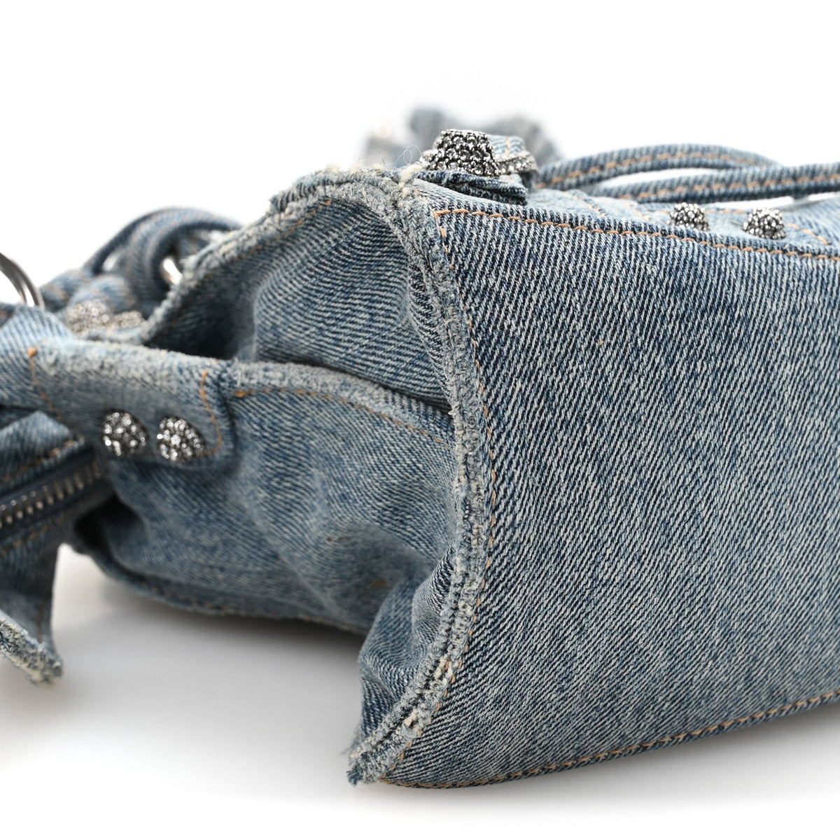 Washed Frayed Denim Crystal Neo Cagole Handbag XS Blue