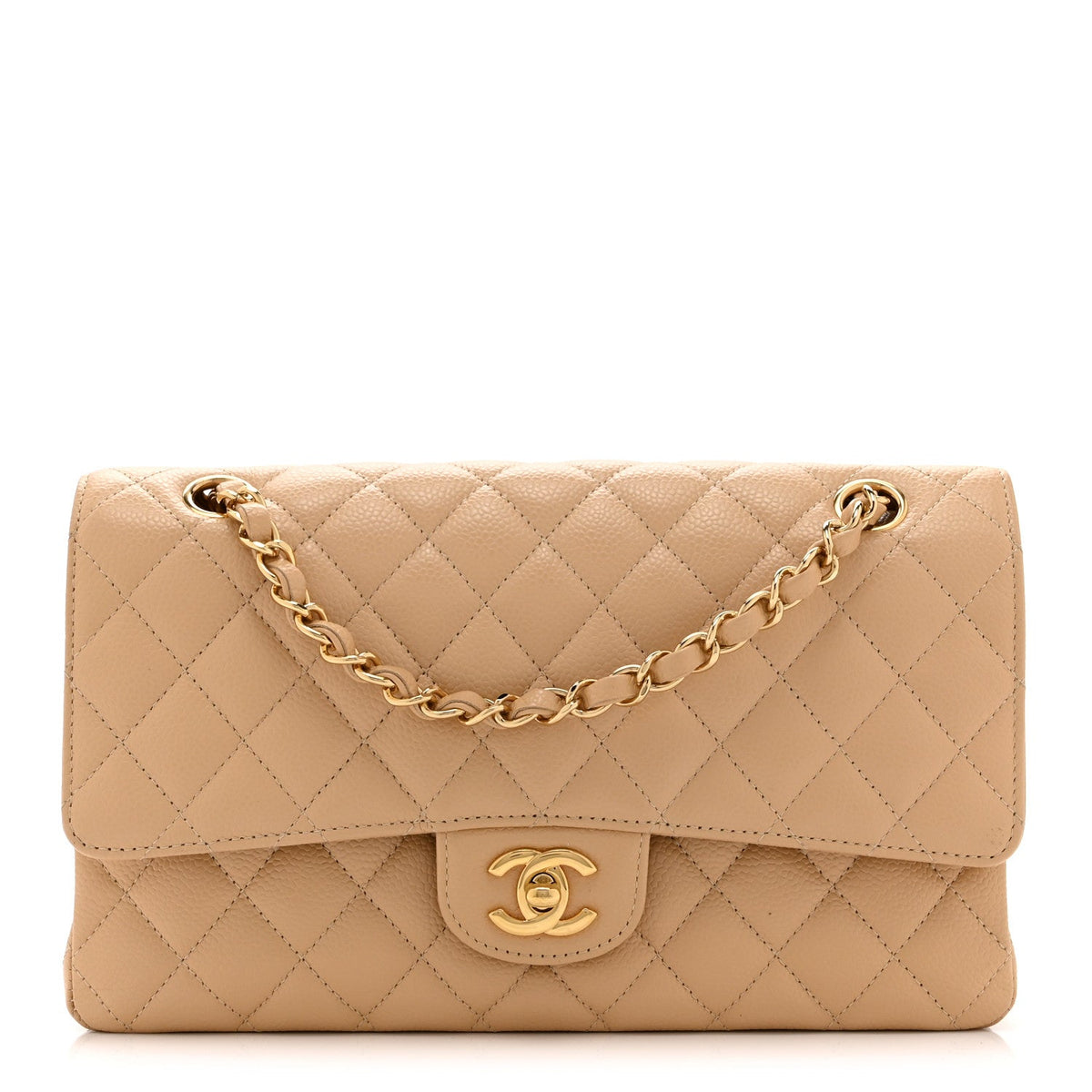 Caviar Quilted Medium Double Flap Beige
