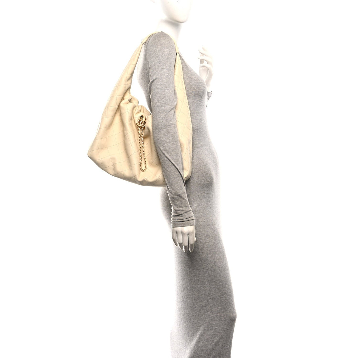 Calfskin Quilted Maxi Hobo Beige