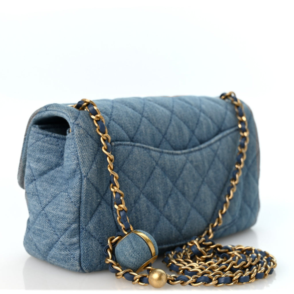 Denim Quilted Mini Pearl Crush Rectangular Flap Blue