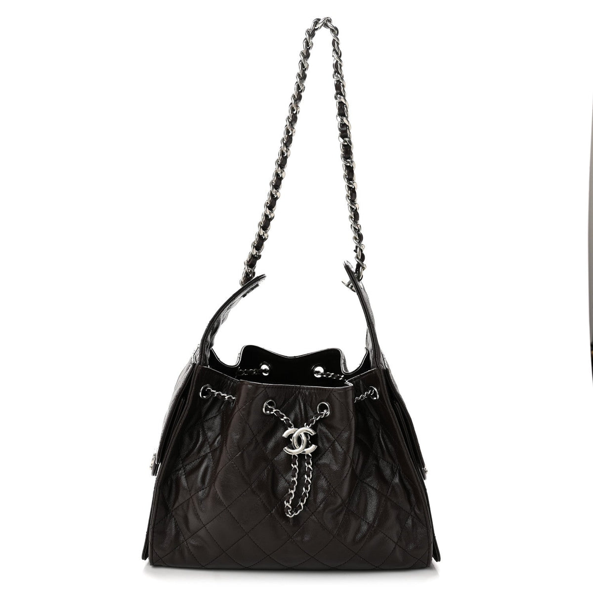 Shiny Crumpled Calfskin Quilted Small Chanel 25 Handbag Dark Brown