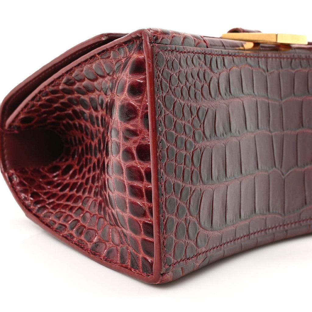 Shiny Calfskin Crocodile Embossed Small Hourglass Top Handle Bag Dark Red