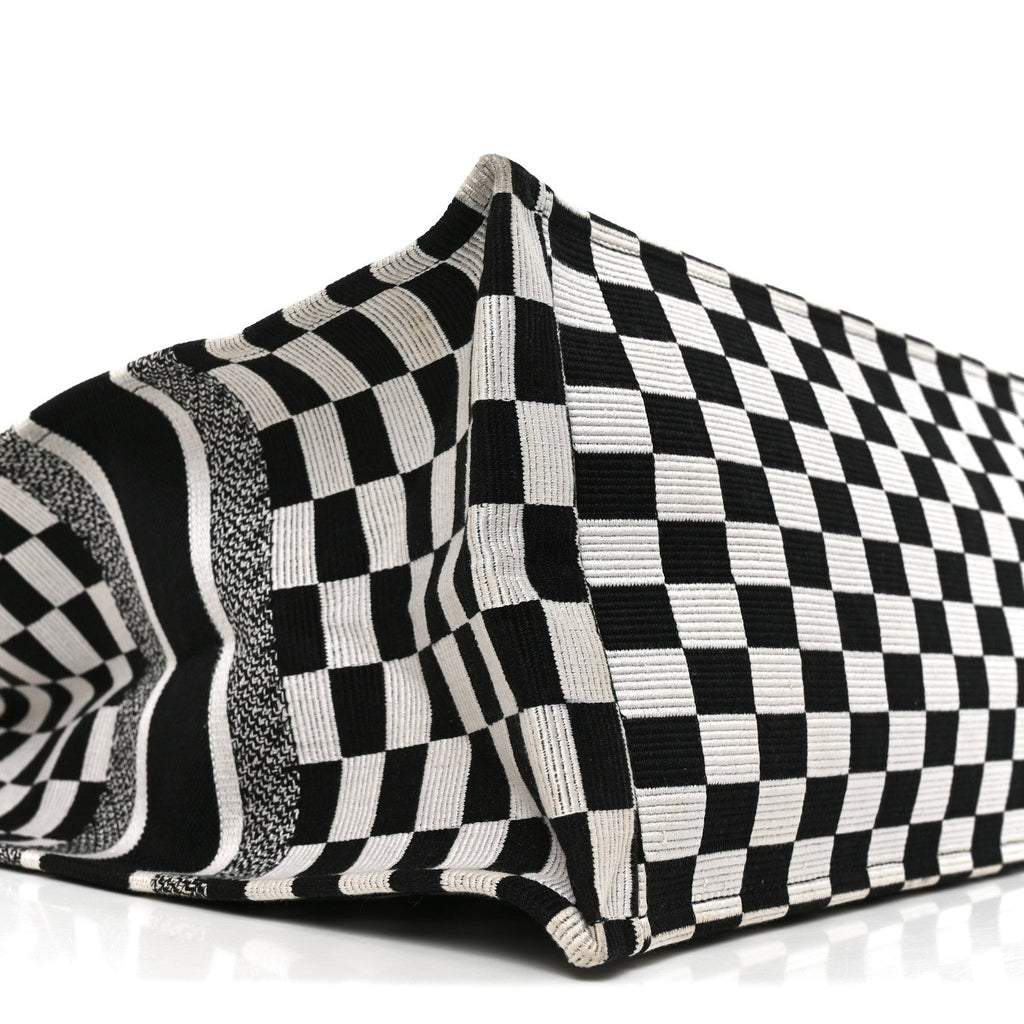 Canvas Embroidered Checkered Book Tote Black White
