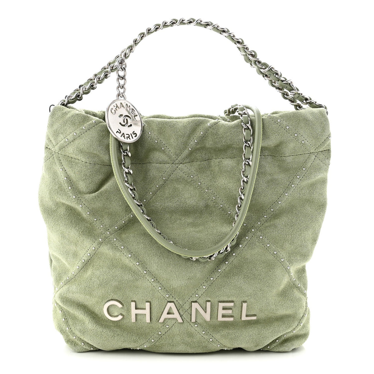 Suede Stitched Quilted Studded Mini Chanel 22 Light Green