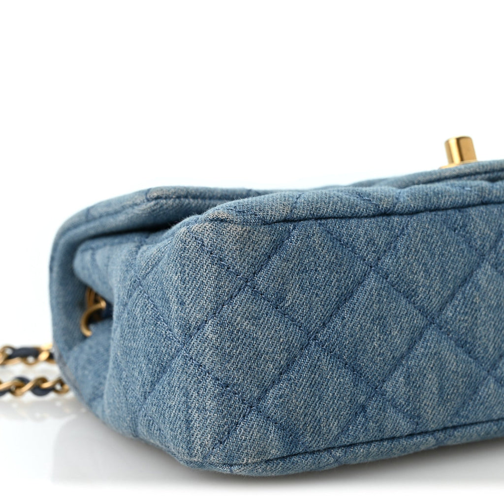Denim Quilted Mini Pearl Crush Rectangular Flap Blue