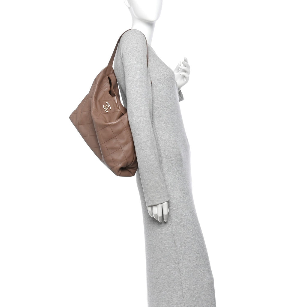 Shiny Lambskin Quilted Maxi Hobo Brown
