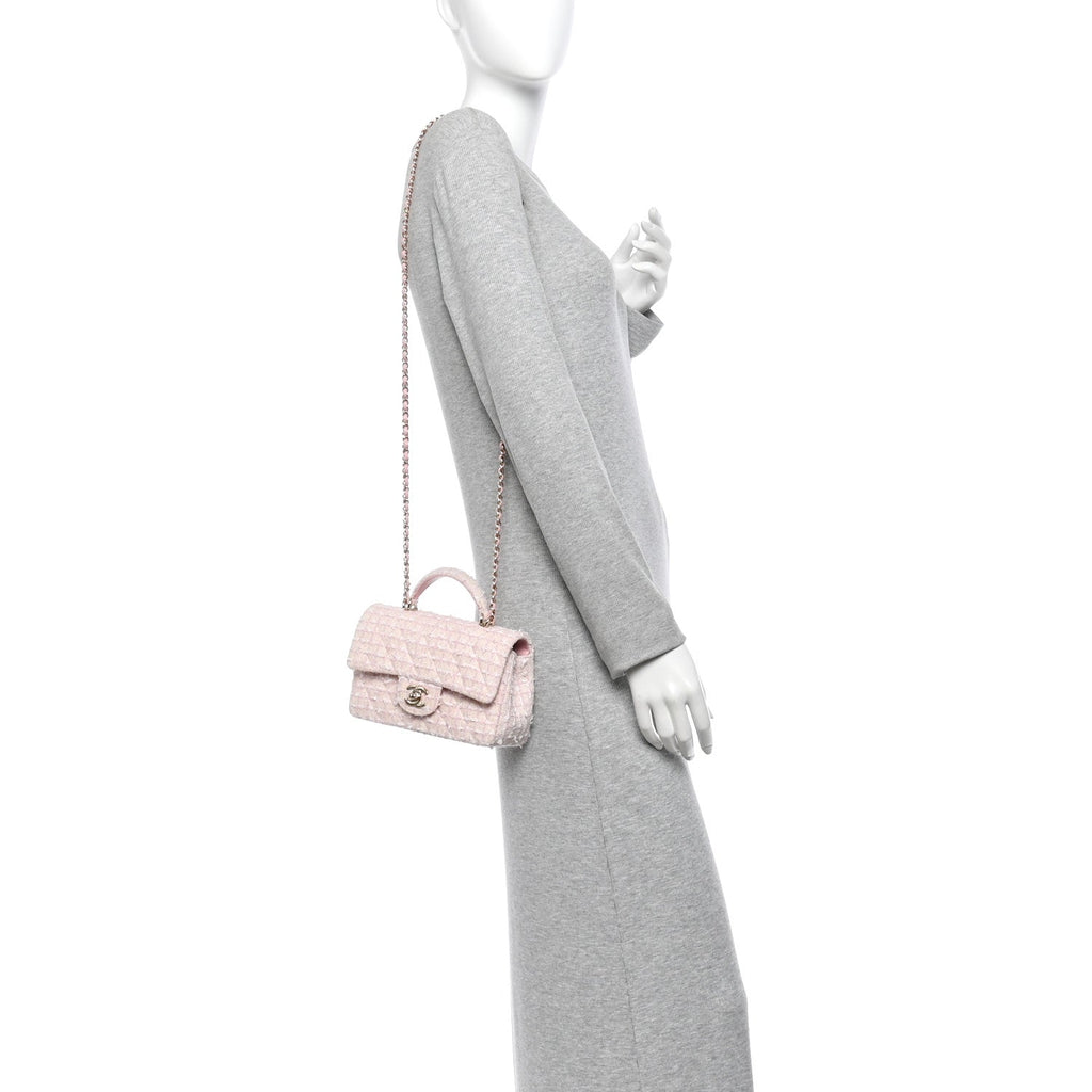 Tweed Quilted Mini Top Handle Rectangular Flap Light Pink