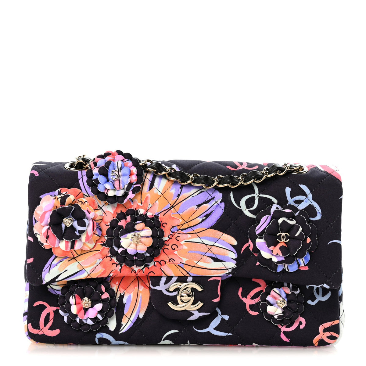 Printed Fabric Quilted Camellia Flap Black Multicolor