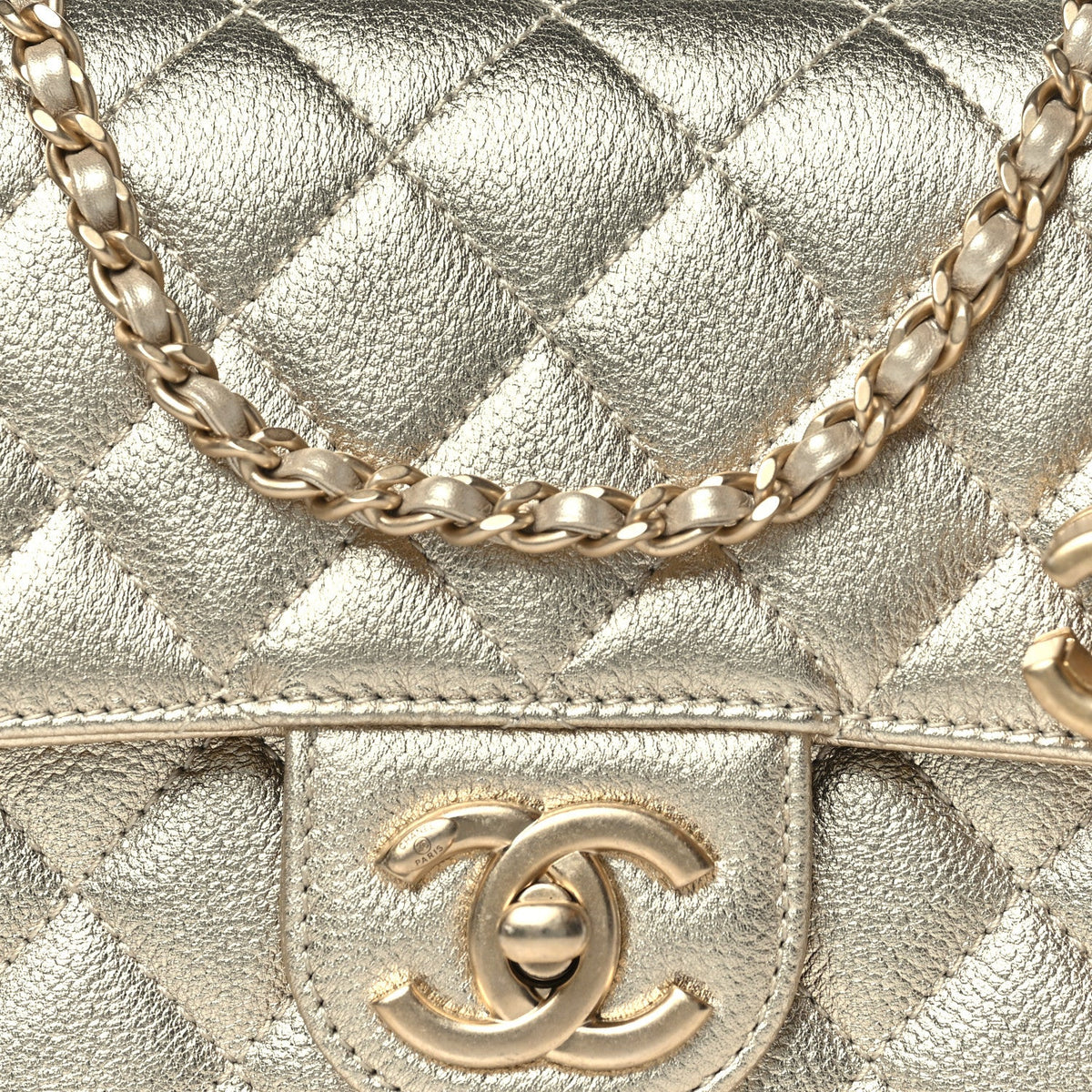 Metallic Caviar Quilted Mini Square CC Slide Flap Gold