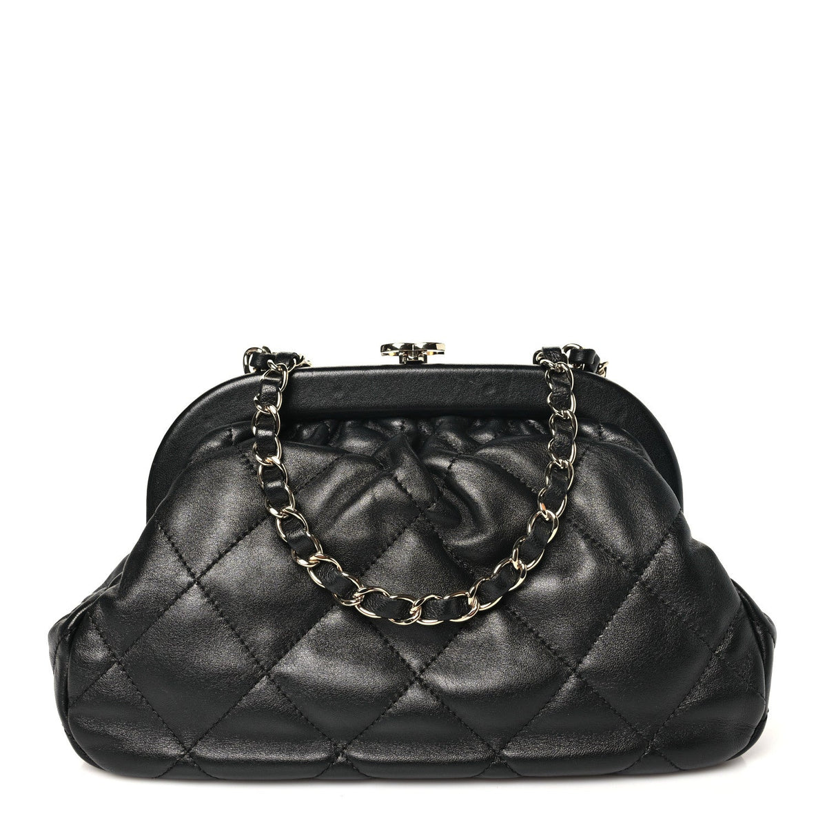 Lambskin Quilted CC Kisslock Clutch Black