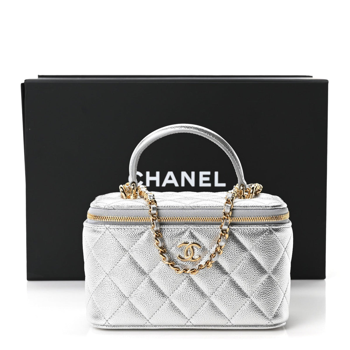 Metallic Caviar Quilted Top Handle Slim Vanity Case With Chain Silver