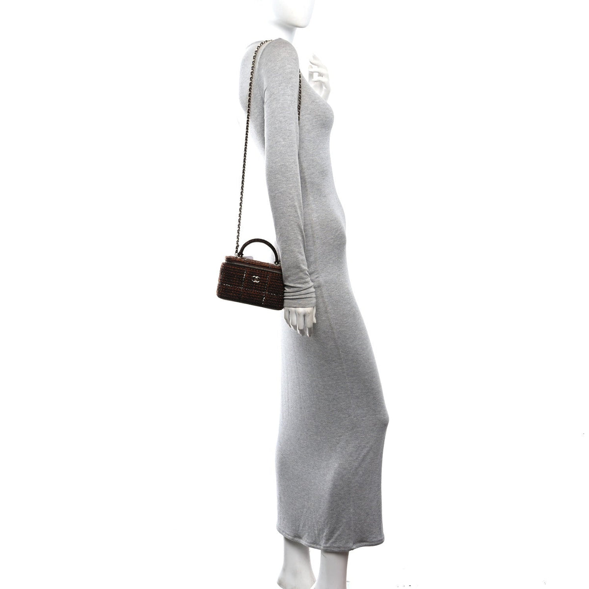 Tweed Small Top Handle Vanity Case With Chain Brown Multicolor