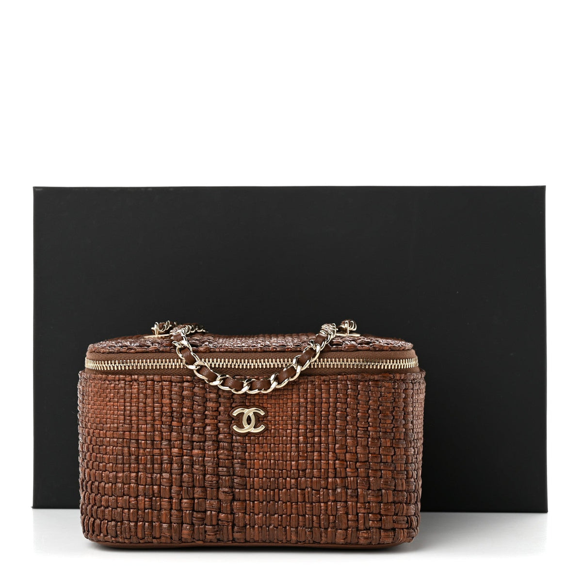 Braided Raffia Vanity Case With Chain Brown
