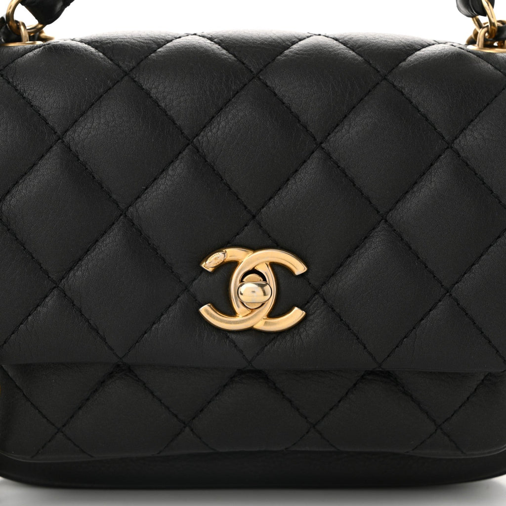 Calfskin Quilted Top Handle Flap Black