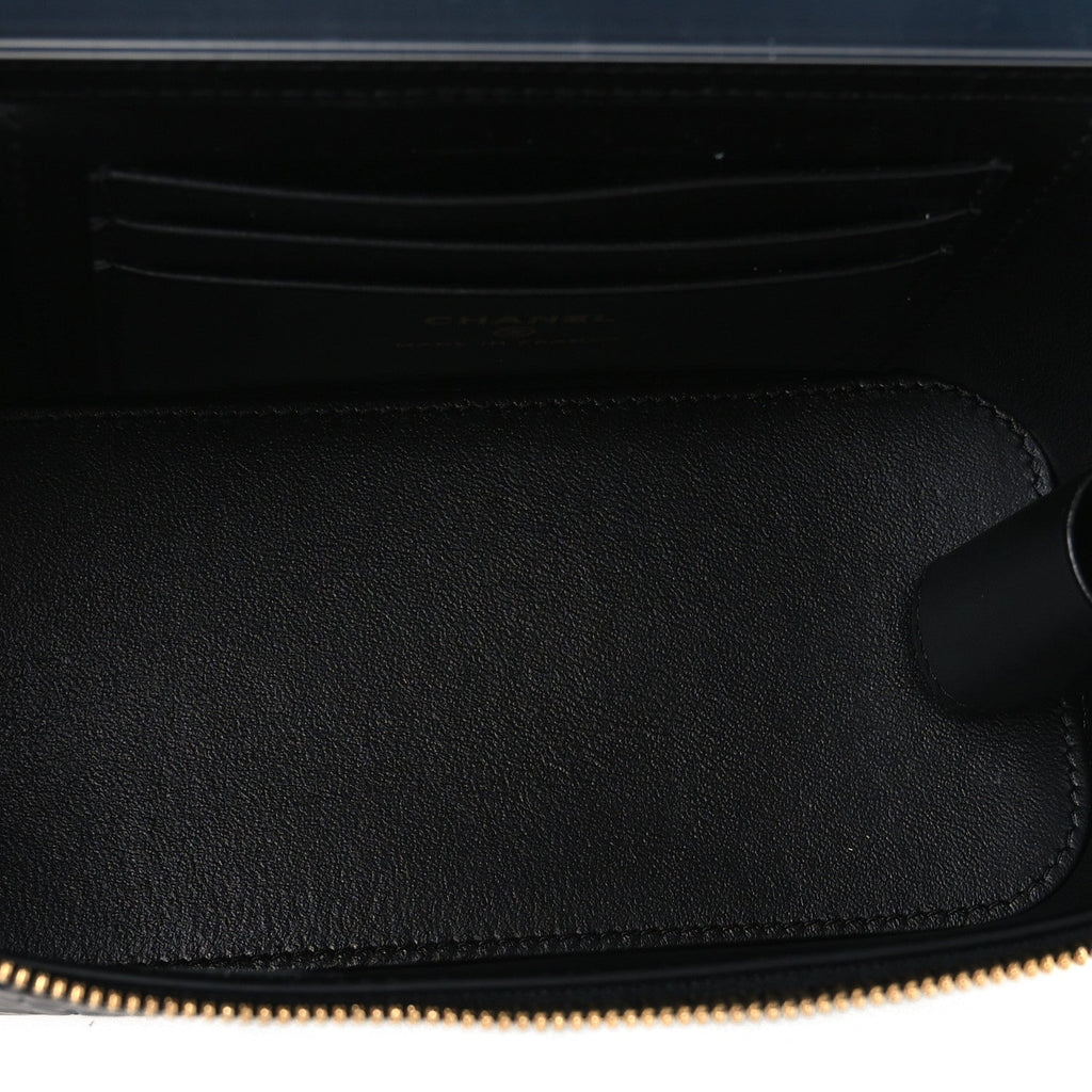 Calfskin Crocodile Embossed Crococo Small Top Handle Vanity Case With Chain Black