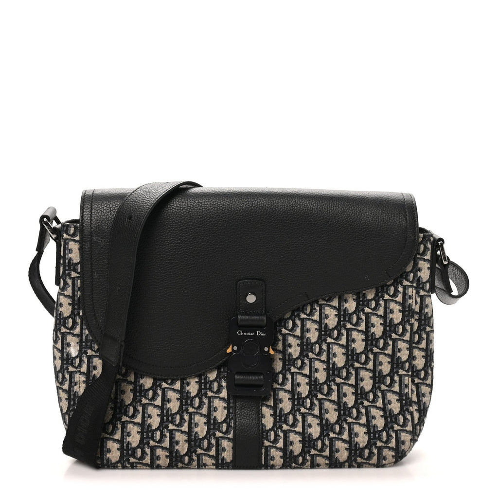 Oblique Jacquard Grained Calfskin Medium Saddle Messenger Bag Beige Black