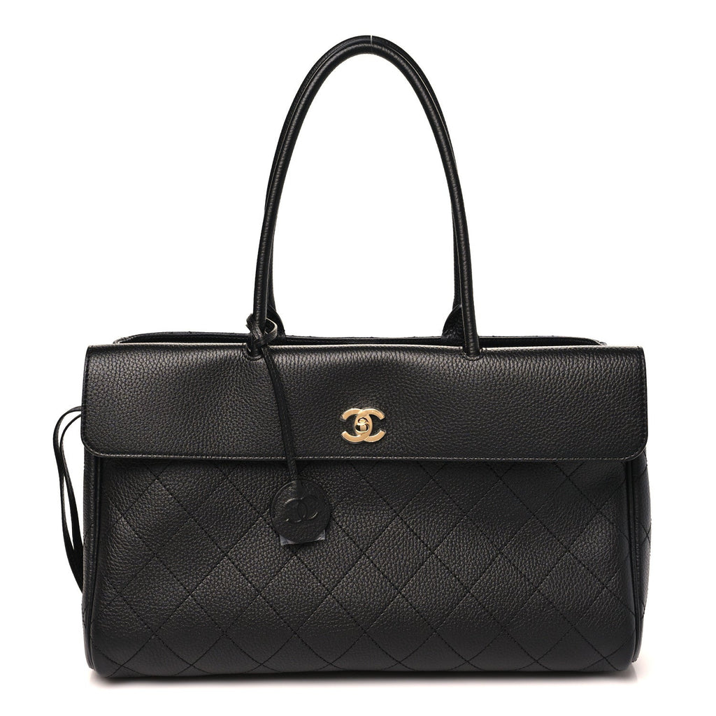 Grained Calfskin Stitched Urban Essentials Shopping Bag Black
