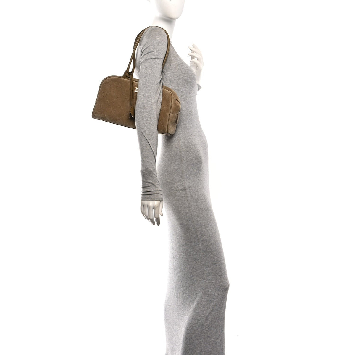 Suede Calfskin Perfect Bowling Bag Dark Beige