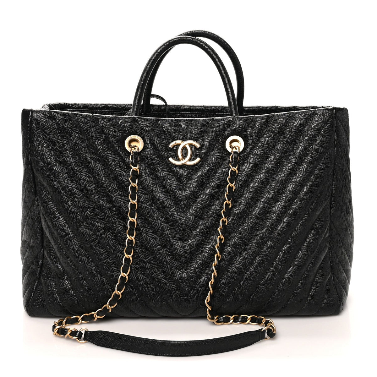 Caviar Chevron Quilted Coco Handle Shopping Tote Black