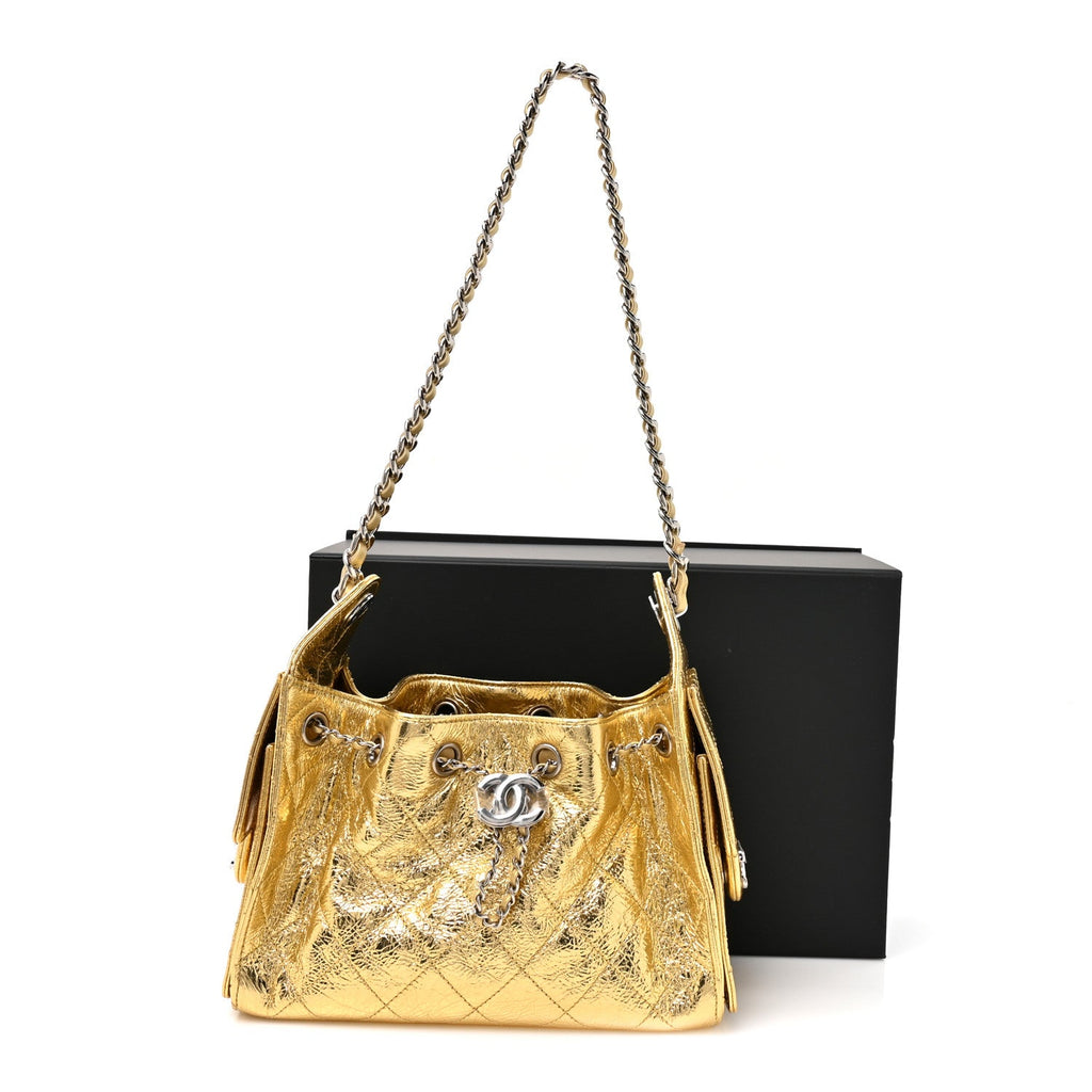 Metallic Aged Calfskin Mini Chanel 25 Handbag Gold