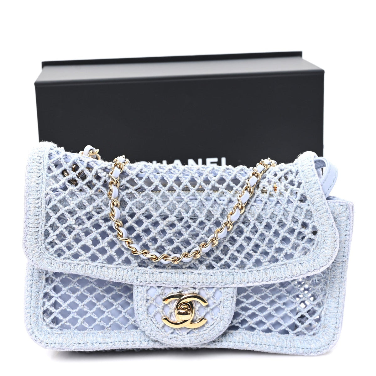 Mesh Macrame Small Flap Bag  Light Blue