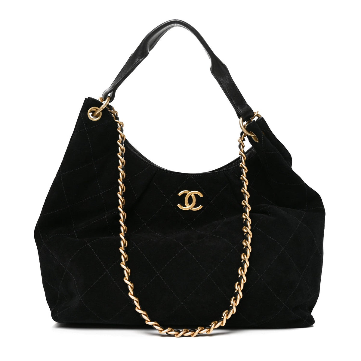 Suede Calfskin Lambskin Quilted Maxi Hobo Black