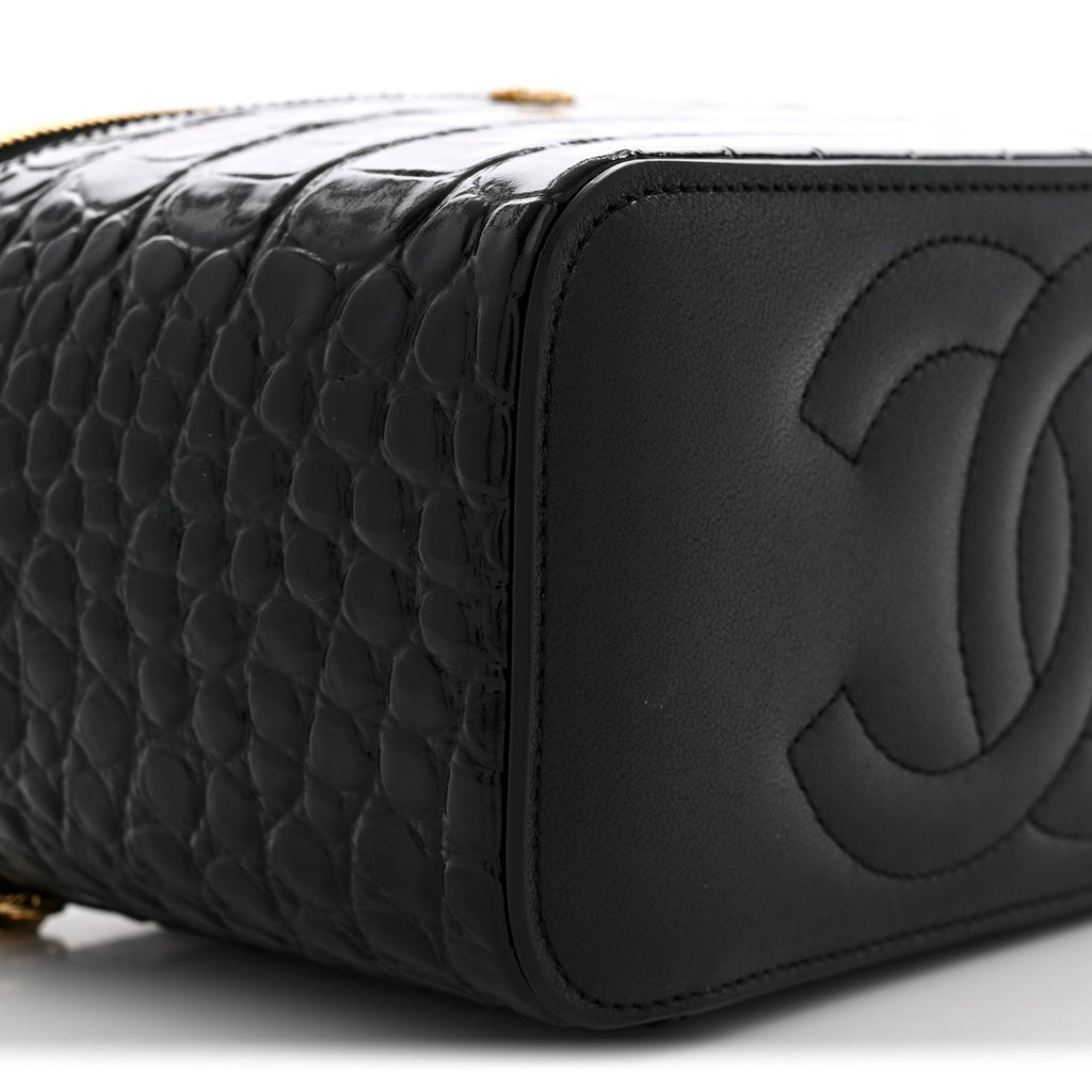 Calfskin Crocodile Embossed Crococo Small Top Handle Vanity Case With Chain Black