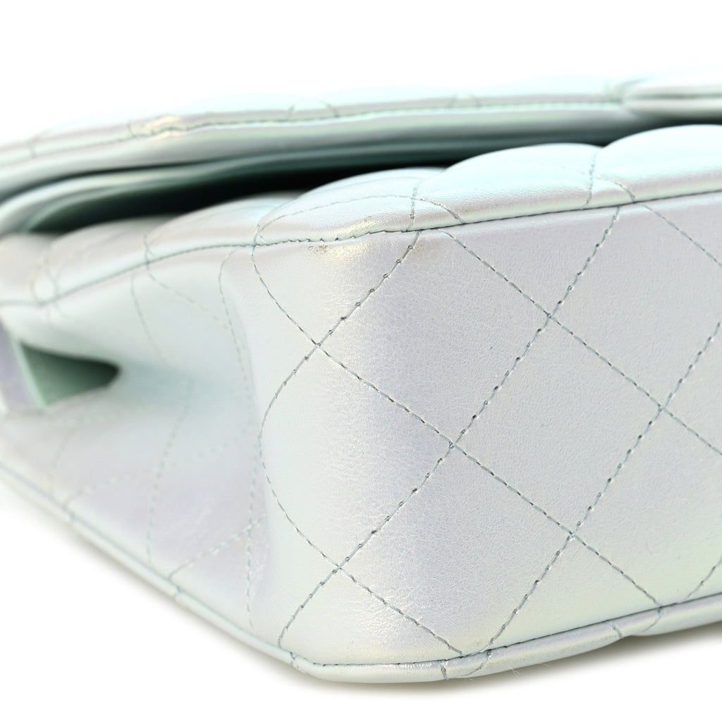Iridescent Lambskin Quilted Medium Double Flap Light Blue