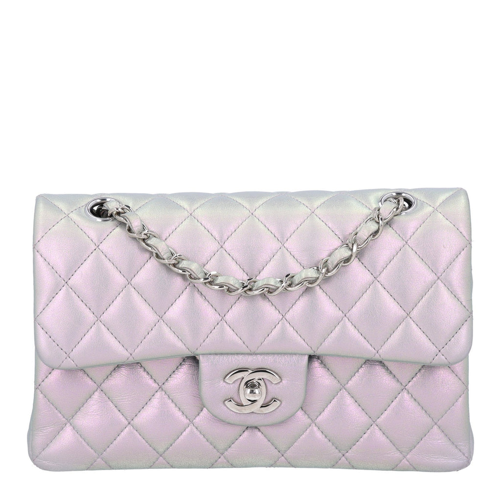 Iridescent Calfskin Quilted Small Double Flap Light Purple